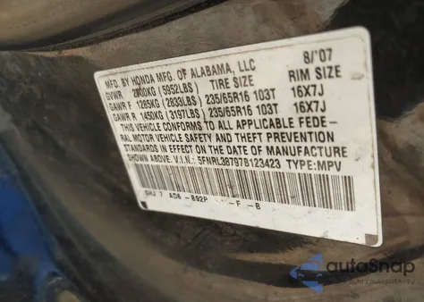 2007 Honda Odyssey Ex-L из США, поврежденный, VIN 5FNRL38797B123423